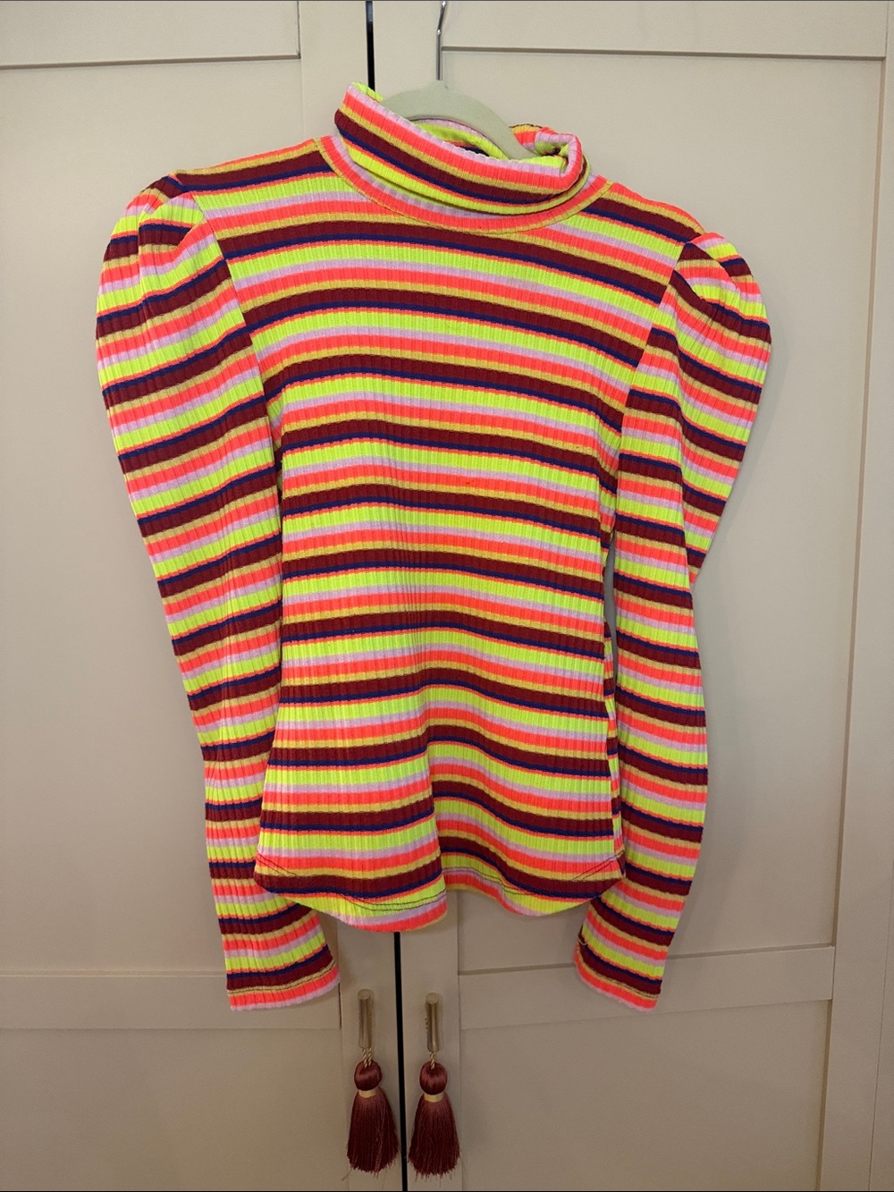 Maeve Neon Striped Turtleneck Sweater in Yellow, Pink & Red